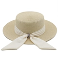 Detail of light beige straw hat with white chiffon ribbon and colorful rhinestone buckle - M (56-58cm) / Cream