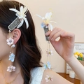 Elegant lily hair clip with long metallic tassels, pink fabric flowers and pearls - 103# Duckbill Clip - White - Tassel 3D Lily Style Single