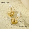 Macro shot of gold heart earrings with pearl drops showing precise dimensions and texture - Gold Pearl Heart Style (NMSE-F712-1)