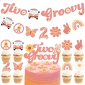 Set decorazioni festa Two Groovy con striscione a margherite e topper per torte retro - Set completo (Banner, Topper Grande E Topper Piccoli)