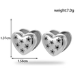 Silver stainless steel heart earrings with black star patterns and 1.58cm width detail - Black Star Pattern Silver Heart Stud (ER-1338)