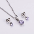 Silver jewelry set featuring a purple gemstone pendant necklace and matching stud earrings - Light Purple Zircon Round Set
