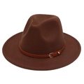 Detail view of British style wool fedora with a slim leather band and gold buckle - M (56-58cm) / Coffee