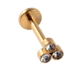 Clou d'oreille doré à dos plat orné de trois zircons ronds étincelants en grappe - 1.2*8mm / Trois Strass Or