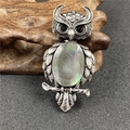 Antique silver owl brooch pendant with oval labradorite gemstone and feather texture - Black Shell