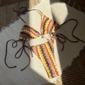 Striped gradient crochet bikini set with wave pattern and golden heart pendant for beachwear - S / Coffee