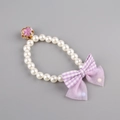 Elastic pearl pet collar featuring purple plaid bow and pink cherry blossom metal charm - One Size / Pearl Purple Bow