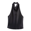 Close-up of black satin halter top featuring silky texture and elegant neck pleats - XS / Black