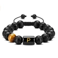 Tiger Eye and Lava Stone beaded bracelet with a golden letter P charm and adjustable cord - Letter-P