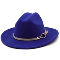 Detail of royal blue wool fedora hat with beige leather band and gold buckle - M(56-58cm) / Sapphire Blue