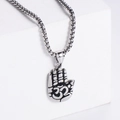 Detailed macro view of silver palm pendant with Om symbol on polished stainless steel - With Chain / Steel