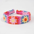 Bohemian style multi-color crochet flower headband featuring pink, yellow, and blue blooms - Orange Flower