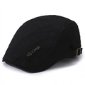 Black cotton canvas newsboy cap with metal SPORTS logo and adjustable bronze buckle - Black