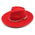 Macro shot of red wool fedora hat featuring a beige leather band and gold buckle detail - M(56-58cm) / Red