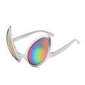 Silver alien-shaped party sunglasses with vibrant rainbow reflective lenses on white background - Silver Frame Colorful Lens