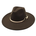 Detailed texture of deep brown wool fedora hat with beige leather band and gold buckle - M (56-58cm) / Brown