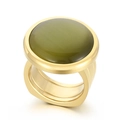 Exaggerated golden ring with large round olive green cabochon gemstone and cat eye effect - US 6 / Golden Olive Green Cat's Eye Style (KR107549-K)