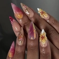 French leopard gradient press-on nails with 3D floral accents and liquid metal texture - 3D Relief Flower Leopard Gradient Style (JP3852)