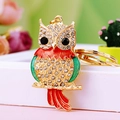 Golden owl keychain with crystal rhinestones and colorful enamel detailing on ring - A430 Owl L Green