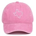 Dettaglio del ricamo bianco del Texas su un cappellino in cotone lavato rosa vintage - Rosa