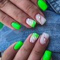 Short square press-on nails with green flame patterns and rainbow rhinestones - Green White Zebra Rhinestone Style (DW12) - Black Jelly Glue