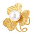 Detail of 18k gold plated flower ring with a large central pearl and double-layered band - Three-Petal Flower Pearl Style (WG-1158)