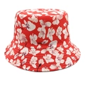 Detail van rode vissershoed met bloemenprint en versterkte stiksels op de rand - M (56-58cm) / Rood