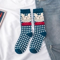Lolita style mid-calf socks with blue and white checkerboard pattern and cat illustration - One Size / Dark Blue/Checkerboard Cat