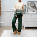 Two-piece knit set featuring a green striped sweater and matching wide-leg trousers - S / Green
