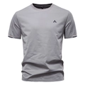 Macro detail of men's grey cotton T-shirt featuring high-quality embroidery and crew neck - S / Light Gray