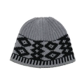 Detailed view of dark grey knitted hat featuring black geometric jacquard pattern weave - M (56-58cm) / Gray