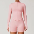 Ensemble de yoga rose sans couture avec veste à col montant et short taille haute - Rose Pêche