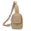 Beige faux leather chest bag for women with gold rivet V-pattern and wide strap - Apricot