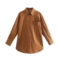 Women's loose long-sleeve cotton shirt with chest pocket in caramel brown color - S / Coffee