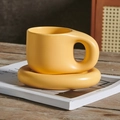 Bright yellow chunky ceramic mug set with rounded handle and thick matching coaster - 400ml / Yellow