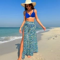 Three-piece bikini set with high-waist floral wide-leg pants and navy blue top - Royal Blue Floral Set
