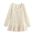 Elegant cream tweed long sleeve mini dress with square neck and pleated hem detail - XS / Milky White