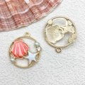 DIY shell charms with coral resin and faux pearls in gold frames for jewelry making - 25x27mm Large Shell / Pink