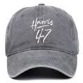 Detailed close-up of Harris 47 embroidery on a vintage washed grey cotton baseball cap - Gray