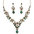 Elegant gold bridal jewelry set with emerald green waterdrop crystals and floral rhinestones - Necklace + Earrings Set / Gold Green Zirconia
