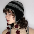 Handmade crochet devil horn cat ear hat in black and gray stripes with red flower pendant - Adult 56-59cm / Black Grey Patchwork (Round Top)