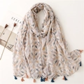 Lightweight cotton-linen scarf with blue and orange floral patterns and tassels - Blue Orange Geometric