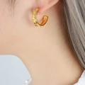 French palace style golden C-shaped earring with celestial sun moon star engraving - Gold Earrings / Gold
