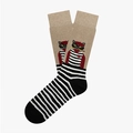 Beige cotton socks with cartoon cat pattern and black and white stripes for men and women - One Size / Artistic Cat