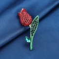 Elegant gold tulip brooch with vibrant red and green rhinestones on blue silk background - XD823150-2 Red Tulip
