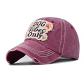 Close-up of distressed cotton baseball cap with DOG Vibes Only embroidery and stitching - Adjustable / Burgundy