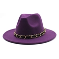 Detail of purple wool felt jazz hat featuring a gold chain and black braided ribbon trim - M (56-58cm) / Purple