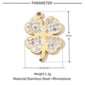 Detail view of gold clover pendant measuring 16mm by 13mm with rhinestone inlay - Gold Clover (White Zirconia)