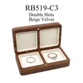 Double slot black walnut wood ring box with beige velvet lining for jewelry storage - No Engraving / Beige Lining
