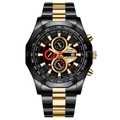 Men's sport quartz watch with black gold steel band and luminous date chronograph display - Black and Gold
